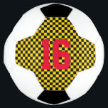 Sport Checkerboard Team Player NUMMER Ziel Fußball<br><div class="desc">Schachbrettmuster in Schwarz & Gold mit benutzerdefinierter NUMBER in rot. Einfach zu personalisieren Text,  Textfarbe. Ideal für jeden Fußball Lover,  Spieler,  Fans,  New Baby,  Team,  Sportereignis,  Game Ball Award,  Fundraiser für jedes Alter. Farbenfroh,  sportlich,  Spaß. Mix und Match ganze Sport / Fußball Kollektionen von TMCdesigns.</div>