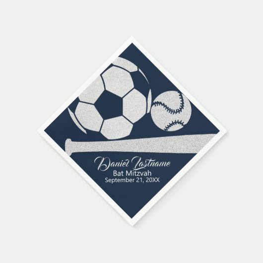 Sport Combo Baseball Soccer Mitzvah Silver Serviette (Ecke)