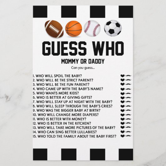 Sport dachte Raten, wer! Babyduschspielstation Briefpapier (Vorderseite)