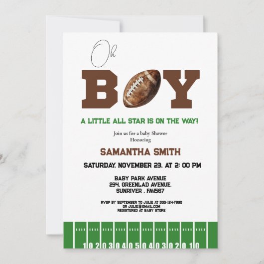 Sport Football Boy Baby Dusche Party Einladung (Vorderseite)