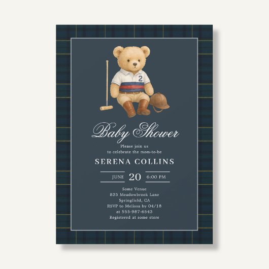 Sport Preppy Bear Blue Baby Dusche Einladung