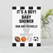 Sport Thema Es ist ein Junge! Baby Shower Einladun Einladung (Stehend Vorderseite)