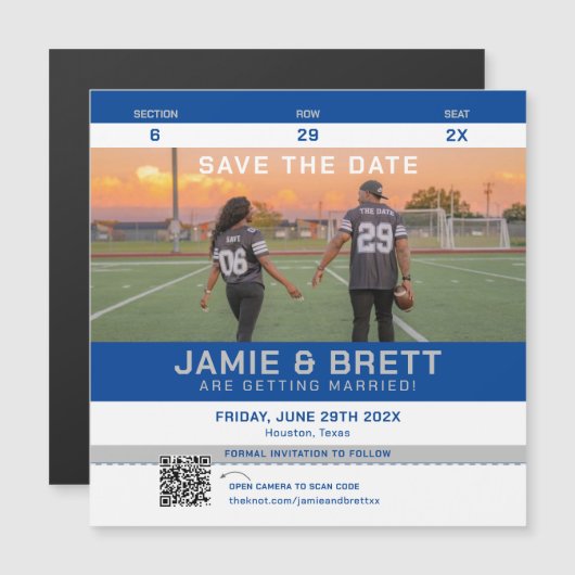 Sport Ticket Save the Date Square Magnet QR Code (Vorne/Hinten)