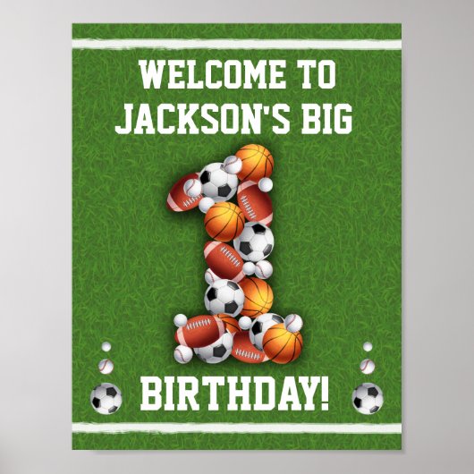 Sportbälle 1. Geburtstag Begrüßungszeichen Poster (Vorne)