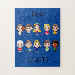 Sportcartoon Charaktere Kind Rätsel. Puzzle