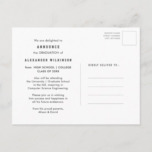 Sporter Typ Modernes, feines Script 3 Foto Abschlu Ankündigungspostkarte (Rückseite)