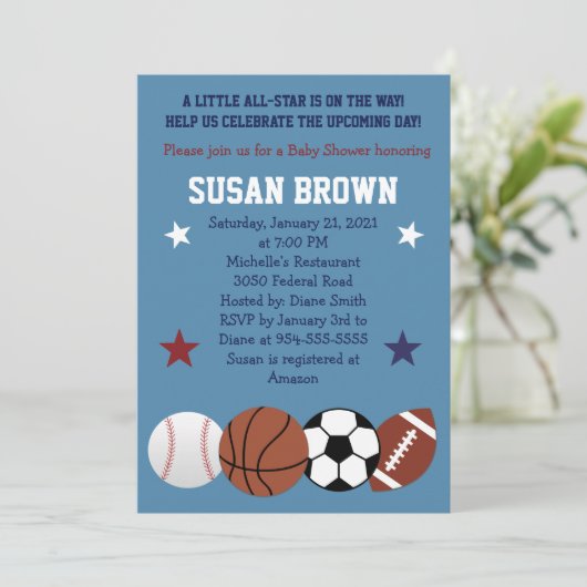 Sporthallen Alle Star Baby Dusche Einladung (Stehend Vorderseite)