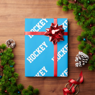 Sportliche diagonale weiße HOCKEY-Schrift auf azur Geschenkpapier