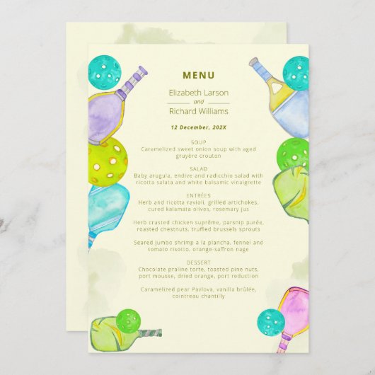 Sportliche Hochzeit Wasserfarben Pickleball Themen Menükarte (Vorne/Hinten)