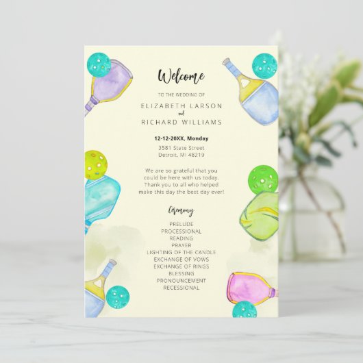 Sportliche Hochzeit Wasserfarben Pickleball Themen Programm (Stehend Vorderseite)