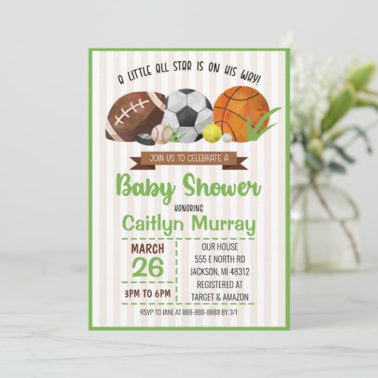 Sportliche Kinderdusche laden ein Einladung (Stehend Vorderseite)