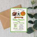 Sportliche Kinderdusche laden ein Einladung<br><div class="desc">Das ist eine sportliche Babydusche,  die für einen Jungen einlädt. Ein kleiner All Star ist unterwegs! Dieses Design umfasst Fußball,  Basketball,  Fußball,  Hockey,  Golf,  Baseball und Tennis. Grün und Braun. Das ist ein Junge!</div>