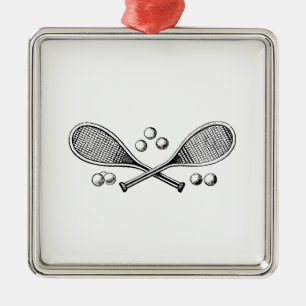Sportliche Vintage-Tennisschläger gekreuzt Tennisb Silbernes Ornament
