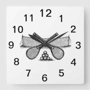 Sportliches Vintage-Tennisnetz, gekreuzte Schläger Quadratische Wanduhr