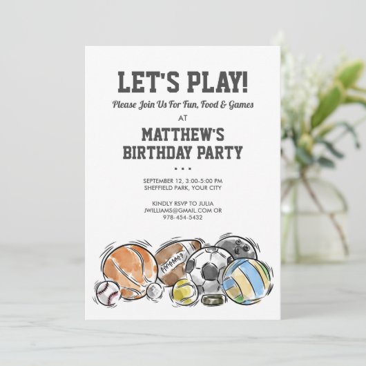 Sports Balls Athletic Birthday Party Invitation Einladung (Stehend Vorderseite)