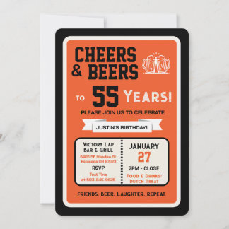 Sports Bar Geburtstags Cheers und Bier zum 55. Geb Einladung