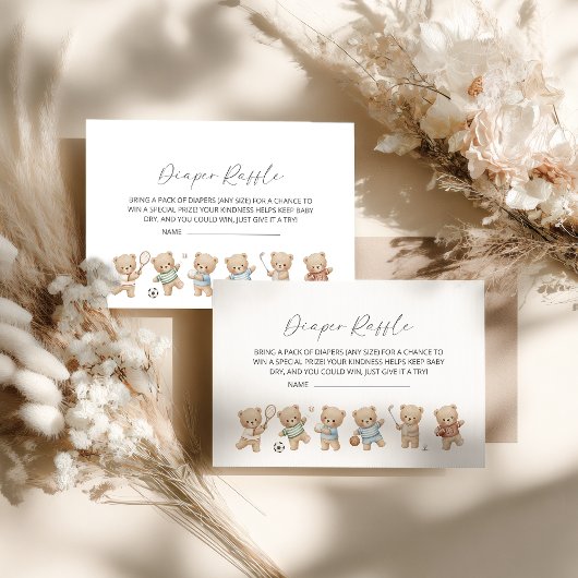 sports bear baby shower, bearly wait diaper raffle begleitkarte