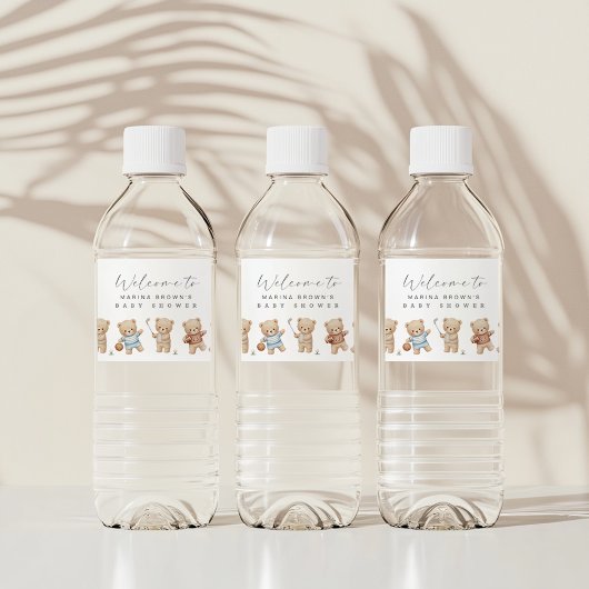 Sports bear baby shower, we can bearly wait wasserflaschenetikett