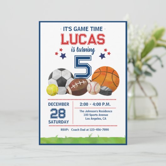 Sports Game Time All-Star Birthday Party Einladung (Stehend Vorderseite)