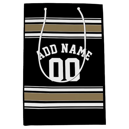 Sports Jersey Black and Gold Strips Name Number Mittlere Geschenktüte (Vorderseite)