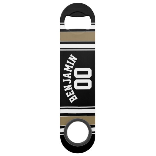 Sports Jersey Black and Gold Strips Name Number Speed Flaschenöffner (Vorderseite)