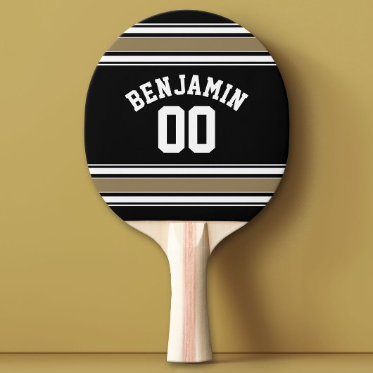 Sports Jersey Black and Gold Strips Name Number Tischtennis Schläger