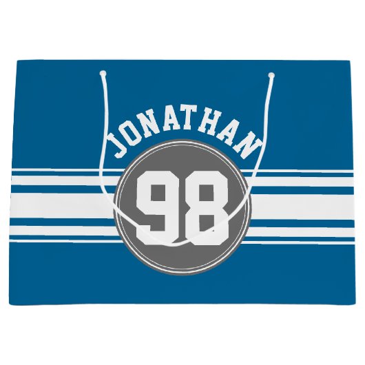 Sports Jersey Blue and Gray Stripes Name Number Große Geschenktüte (Vorderseite)