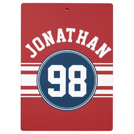 Sports Jersey Navy Blue & Red Strips Namensnummer Klemmbrett (Rückseite)