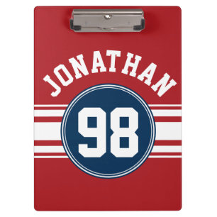 Sports Jersey Navy Blue & Red Strips Namensnummer Klemmbrett