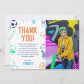 Sports Theme Boys Modern Birthday Party Photo Dankeskarte (Vorderseite)