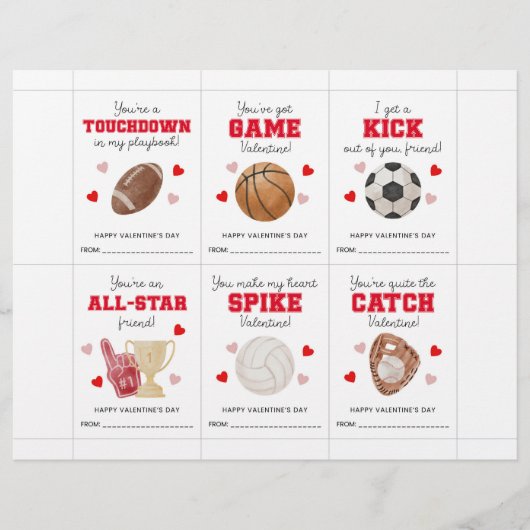 Sports Valentine’s Day Cards for Kids Classroom Briefbogen (Vorderseite)