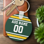 Sportteam Football Jersey Individuelle Name Nummer Schlüsselanhänger<br><div class="desc">Dunkelgrüne und goldene Gelbe Farben — Wenn Sie Fantasy Football-Team-Besitzer sind,  machen Sie Ihre eigenen Produkte und zeigen Sie Ihren Freunden! Oder - Spielst du High School Football und will ein Memento? Dieses Jersey Design ist perfekt für jeden,  der Sport spielt.</div>