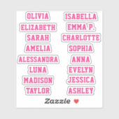 Sportteam Pink Girl Custom 16 Names Set Aufkleber (Blatt)