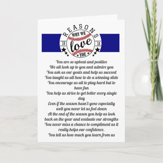Sporttrainer 10 Gründe, warum wir Liebe Baseball F Karte (Vorderseite)