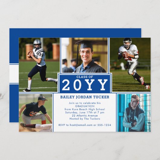 Sporty 5-Foto Deep Blue Abschluss Einladung (Vorne/Hinten)