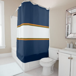 Sporty 70er Navy Blue Orange White Racing Stripes Duschvorhang