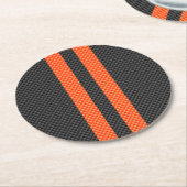 Sporty Accent Orange Streifen Carbon Style Print Runder Pappuntersetzer (Angewinkelt)