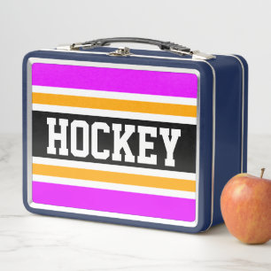 Sporty Black Bright Pink Yellow HOCKEY Streifen Metall Brotdose