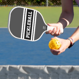 Sporty Black Dunkel Gray White Racing Stripes Text Pickleball Schläger