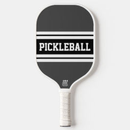 Sporty Black Dunkel Gray White Racing Stripes Text Pickleball Schläger