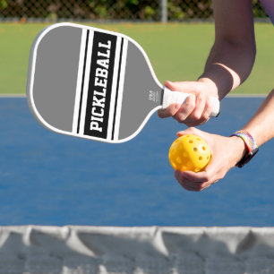 Sporty Black Light Grey White Racing Stripes Text Pickleball Schläger