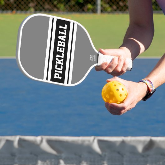 Sporty Black Light Grey White Racing Stripes Text Pickleball Schläger (InSitu)