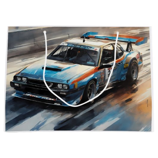 Sporty Blue Racing Auto Große Geschenktüte (Vorderseite)