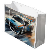 Sporty Blue Racing Auto Große Geschenktüte (Vorderseite Schrägansicht)