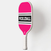 Sporty Bold Pink Schwarz-weiß Racing Stripes Text Pickleball Schläger (Links)