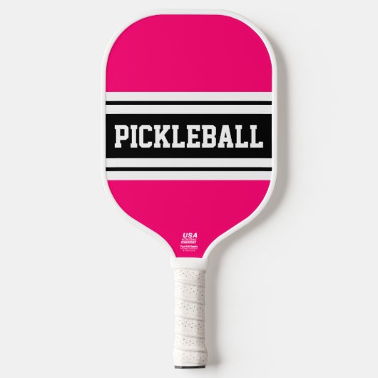 Sporty Bold Pink Schwarz-weiß Racing Stripes Text Pickleball Schläger (Vorderseite)