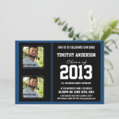 Sporty Boy Grad Black und Monaco Blue Zwei Foto Einladung (Stehend Vorderseite)