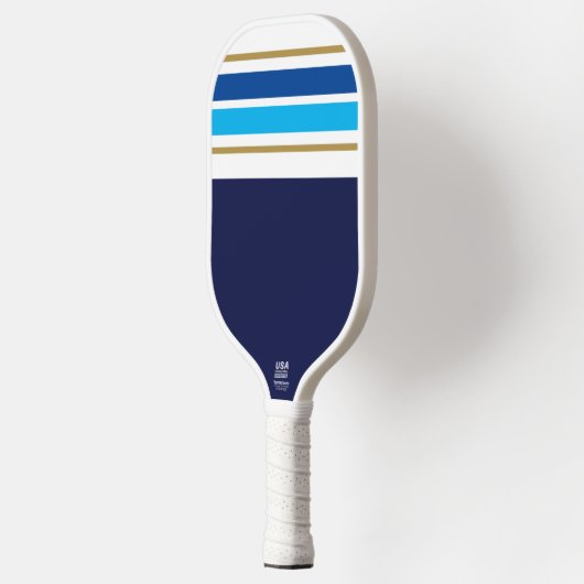 Sporty Bright Blue White Racing Streifen auf der M Pickleball Schläger (Links)
