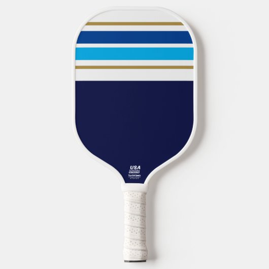 Sporty Bright Blue White Racing Streifen auf der M Pickleball Schläger (Vorderseite)