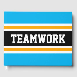 Sporty Bright Sky Blue Black TEAMWORK Stripes Gästebuch